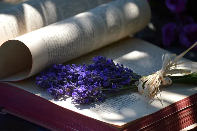 Photo showing book, lavender and book pages.