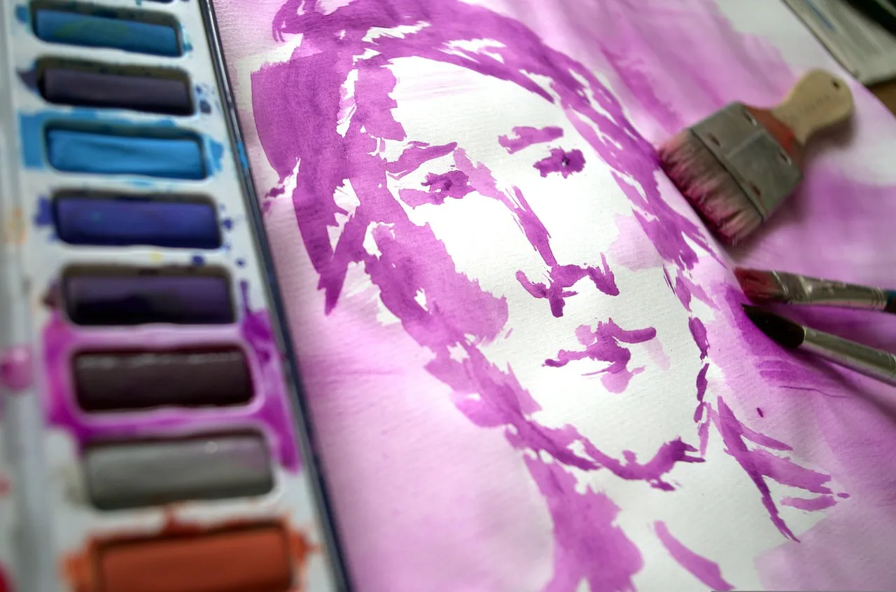 Photo showing man, face and painting.