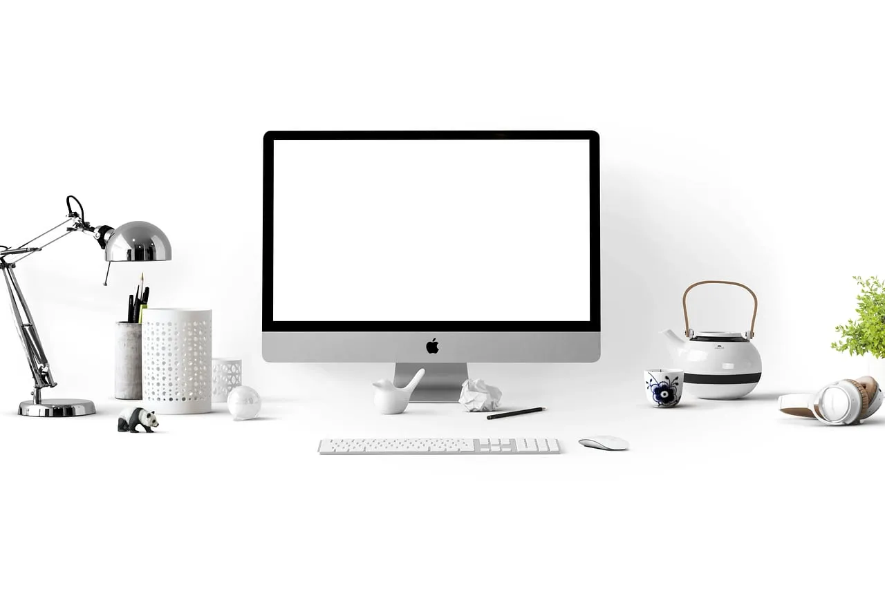 Photo showing computer, desk, workspace and work place.