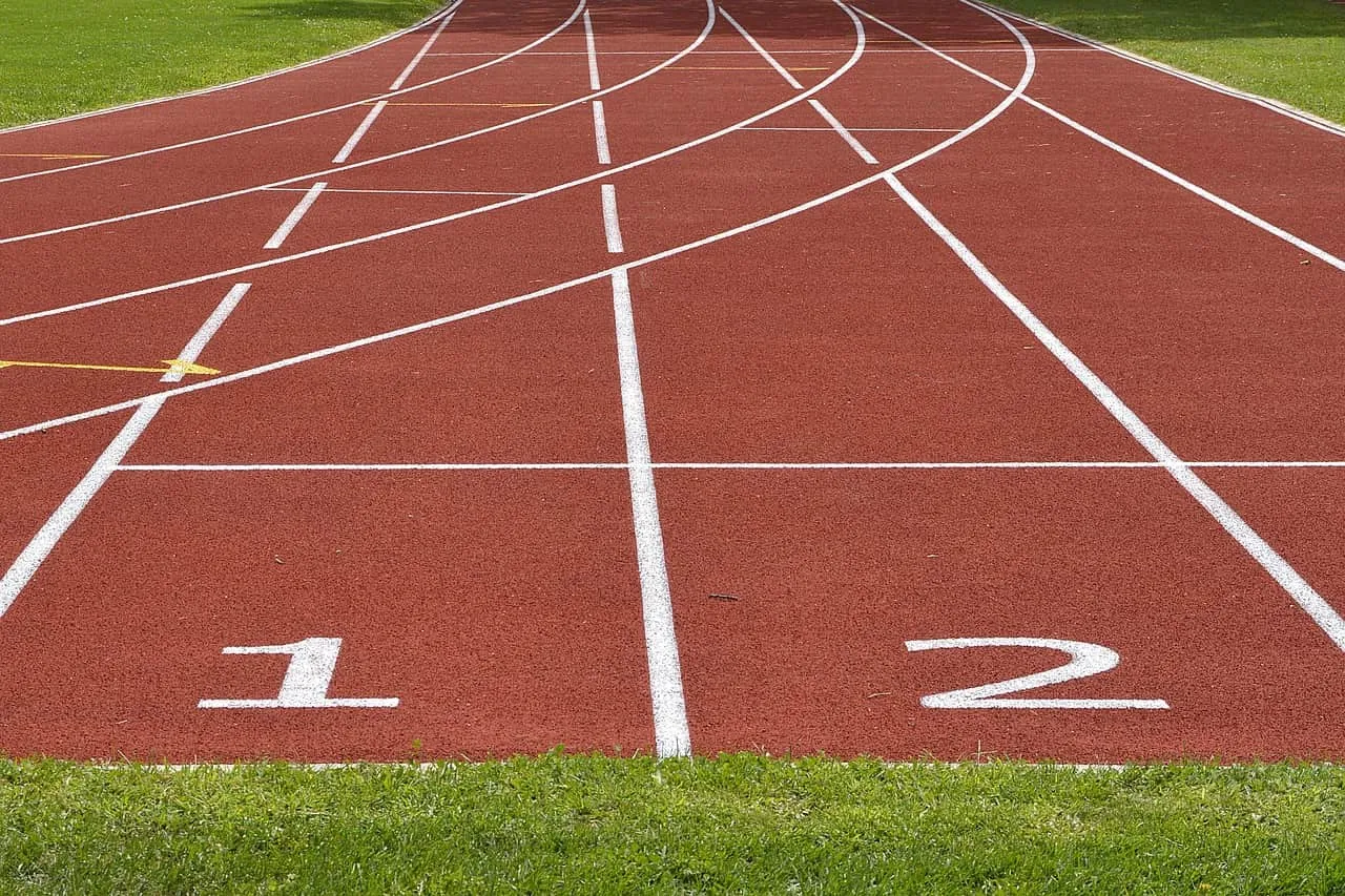 Photo showing tartan track, athletics and track and field.