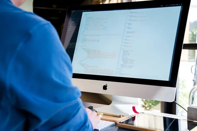 Photo showing man, computer and screen.