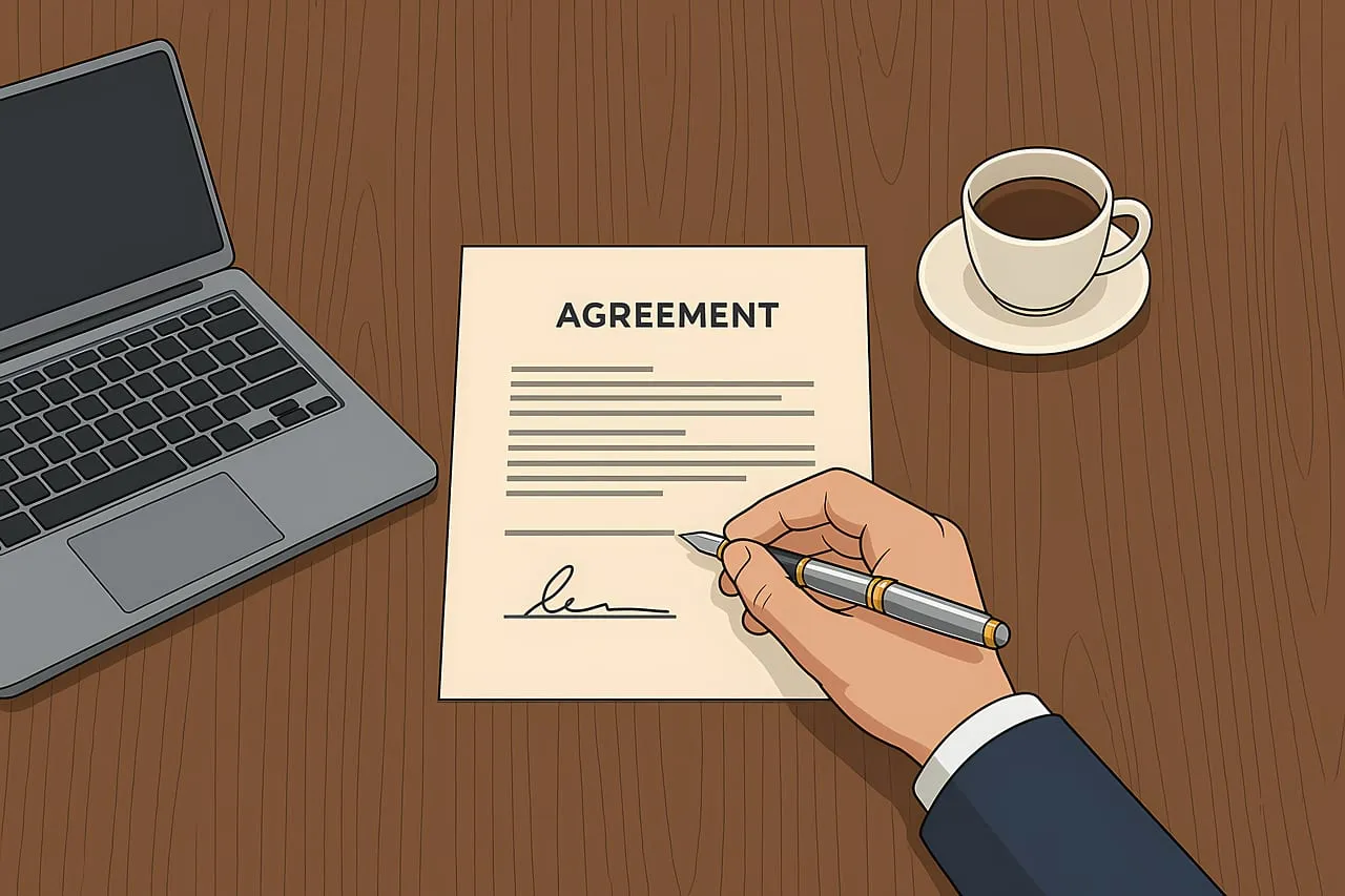 Photo showing sign, signing and contract.