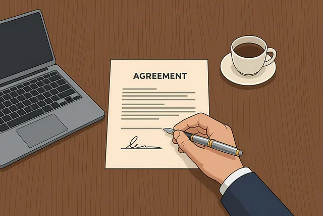 Photo showing sign, signing and contract.