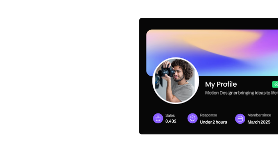 Profile card with gradient banner, avatar, and business statistics